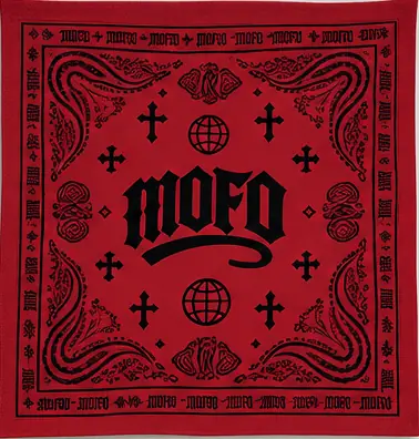 Bandana MOFO rossa con stampa nera: paisley, croci, globi e logo MOFO al centro